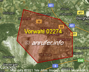 Vorwahlkarte 02274 – Elsdorf Rheinl