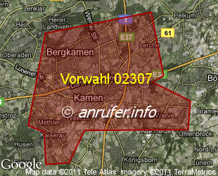 Vorwahlkarte 02307 – Kamen