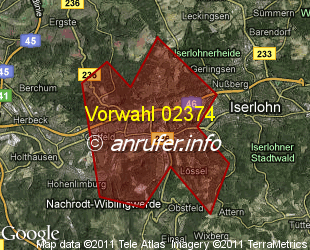 Vorwahlkarte 02374 – Iserlohn-Letmathe