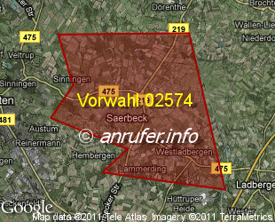 Vorwahlkarte 02574 – Saerbeck