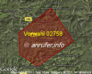 Vorwahlkarte 02758 – Bad Berleburg-Girkhausen