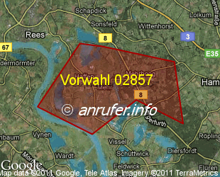 Vorwahlkarte 02857 – Rees-Mehr