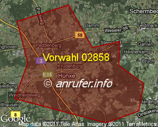 Vorwahlkarte 02858 – Hünxe