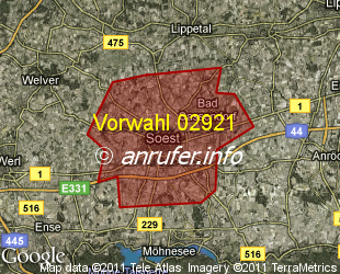 Vorwahlkarte 02921 – Soest