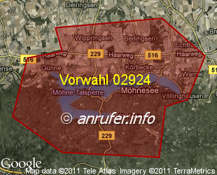 Vorwahlkarte 02924 – Möhnesee