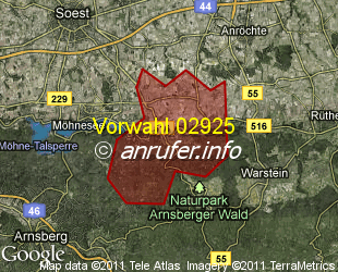 Vorwahlkarte 02925 – Warstein-Allagen