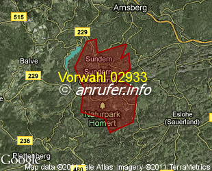 Vorwahlkarte 02933 – Sundern Sauerland