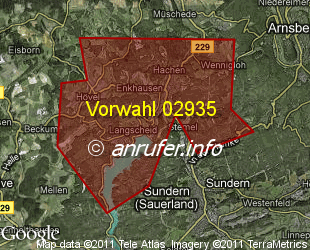 Vorwahlkarte 02935 – Sundern-Hachen