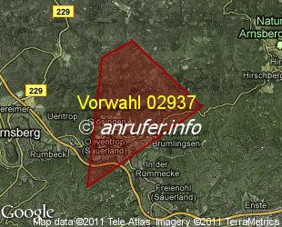 Vorwahlkarte 02937 – Arnsberg-Oeventrop