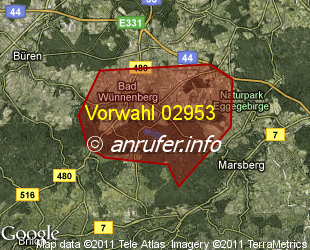 Vorwahlkarte 02953 – Wünnenberg