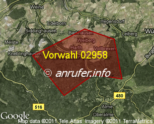 Vorwahlkarte 02958 – Büren-Harth