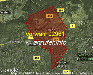 Vorwahlkarte 02961 – Brilon