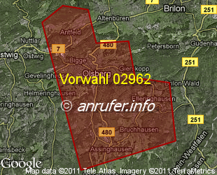 Vorwahlkarte 02962 – Olsberg