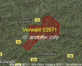 Vorwahlkarte 02971 – Schmallenberg-Dorlar