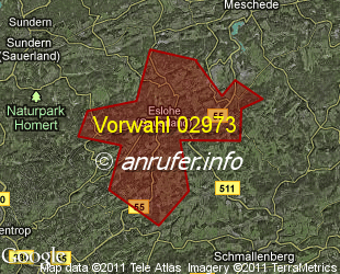 Vorwahlkarte 02973 – Eslohe Sauerland