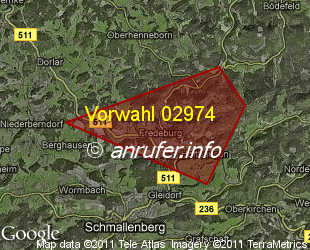 Vorwahlkarte 02974 – Schmallenberg-Fredeburg