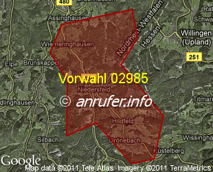 Vorwahlkarte 02985 – Winterberg-Niedersfeld