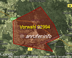 Vorwahlkarte 02994 – Marsberg-Westheim