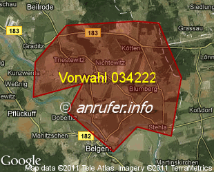 Vorwahlkarte 034222 – Arzberg b Torgau
