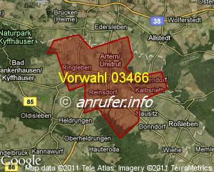 Vorwahlkarte 03466 – Artern Unstrut