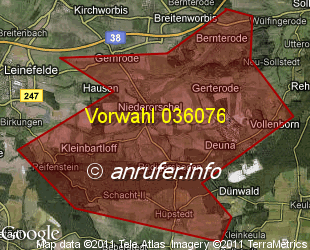 Vorwahlkarte 036076 – Niederorschel