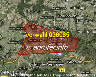 Vorwahlkarte 036085 – Reinholterode