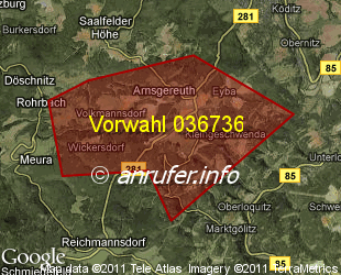 Vorwahlkarte 036736 – Arnsgereuth