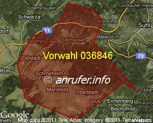 Vorwahlkarte 036846 – Suhl-Dietzhausen