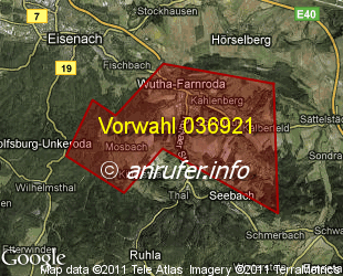 Vorwahlkarte 036921 – Wutha-Farnroda