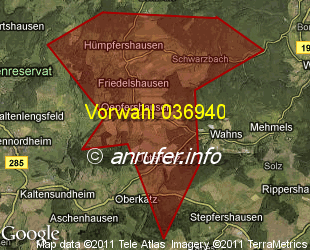 Vorwahlkarte 036940 – Oepfershausen