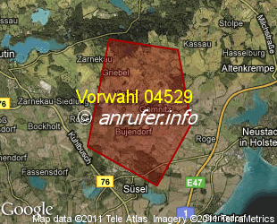 Vorwahlkarte 04529 – Süsel-Bujendorf