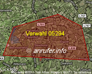 Vorwahlkarte 05294 – Hövelhof-Espeln