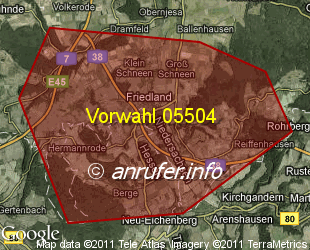 Vorwahlkarte 05504 – Friedland Kr Göttingen