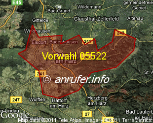 Vorwahlkarte 05522 – Osterode am Harz