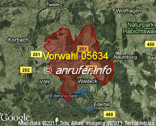 Vorwahlkarte 05634 – Waldeck-Sachsenhausen