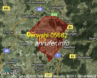 Vorwahlkarte 05662 – Felsberg Hess