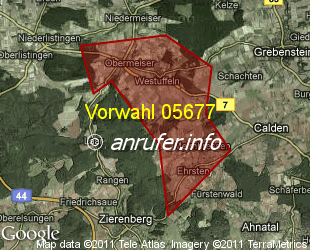 Vorwahlkarte 05677 – Calden-Westuffeln