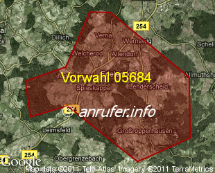 Vorwahlkarte 05684 – Frielendorf