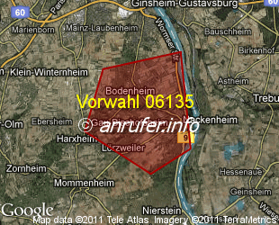 Vorwahlkarte 06135 – Bodenheim Rhein