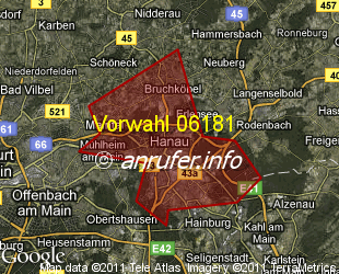 Vorwahlkarte 06181 – Hanau