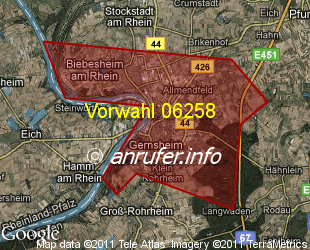 Vorwahlkarte 06258 – Gernsheim