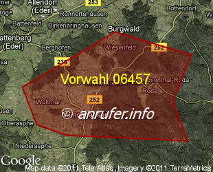 Vorwahlkarte 06457 – Burgwald Eder