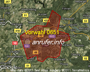 Vorwahlkarte 0651 – Trier