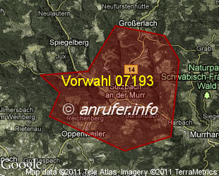 Vorwahlkarte 07193 – Sulzbach an der Murr