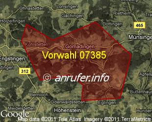 Vorwahlkarte 07385 – Gomadingen