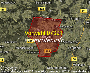 Vorwahlkarte 07391 – Ehingen Donau