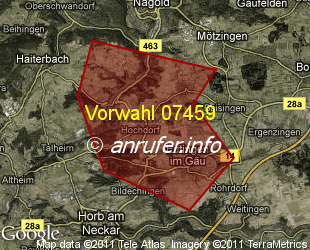 Vorwahlkarte 07459 – Nagold-Hochdorf