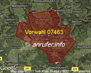 Vorwahlkarte 07463 – Mühlheim an der Donau