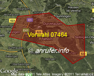 Vorwahlkarte 07464 – Talheim Kr Tuttlingen