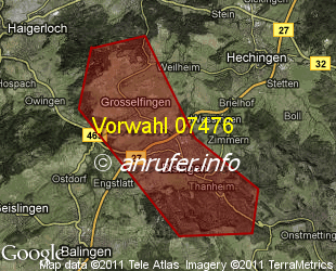 Vorwahlkarte 07476 – Bisingen